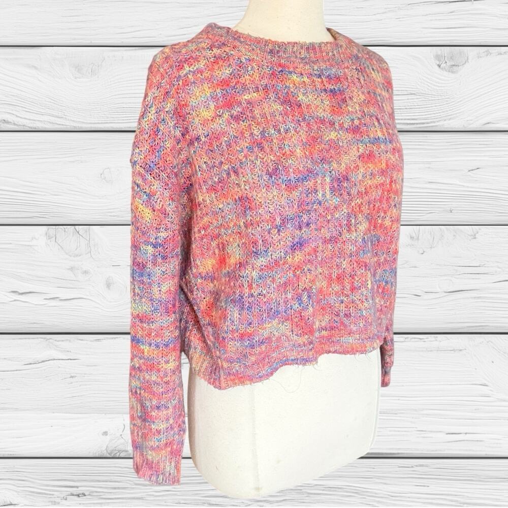 Willow & Wind Cropped Boxy Sweater Sz L Rib Knit Pinks and Denim Blues Oversized